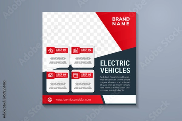 Fototapeta Editable square banner template. electric vehicles headline with dark grey background. Flat design vector with photo collage. red gradient elements Usable for social media, story and web internet ads.