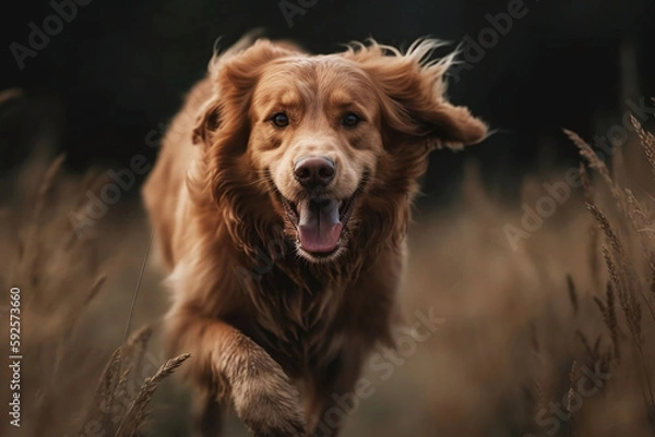 Fototapeta Running Dog in Meadow. Cute Pet on Green Field Background