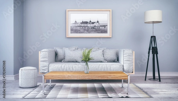 Fototapeta Illustration - Skandinavisches, nordisches Wohnzimmer mit einer Couch, Tisch, Teppich, Wandbild und einer Lampe  - Textfreiraum - Platzhalter - Retro Look