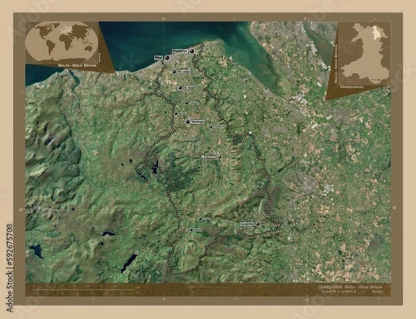 Fototapeta Denbighshire, Wales - Great Britain. Low-res satellite. Labelled points of cities