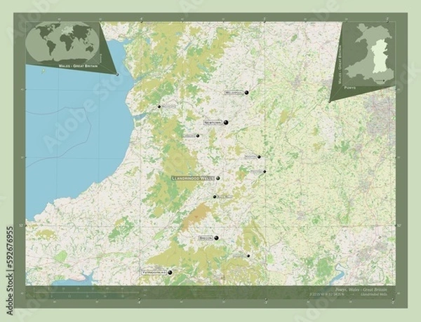 Fototapeta Powys, Wales - Great Britain. OSM. Labelled points of cities