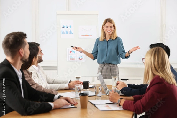 Fototapeta Businesswoman showing charts near flipchart on meeting in office