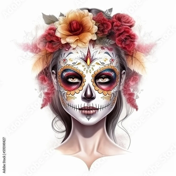 Fototapeta Dia de los muertos, Maxican mask girl, Generative Ai