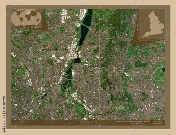 Fototapeta London Borough of Waltham Forest, England - Great Britain. Low-res satellite. Labelled points of cities