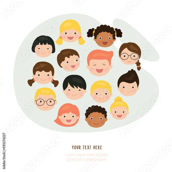 Fototapeta Portraits of boys and girls of different nations and races. Multi-ethnic children close-up. Faces of various kids. Friendship of peoples, happy childhood. Poster, place for text