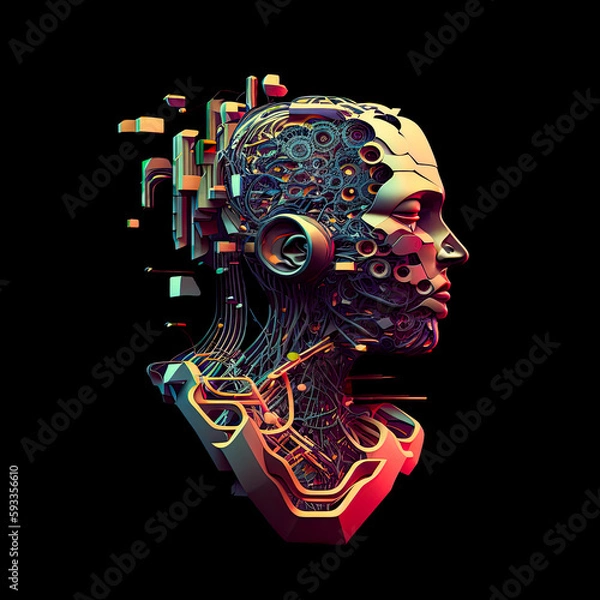 Fototapeta Graphic representation of a human robot head in metal - Generative AI