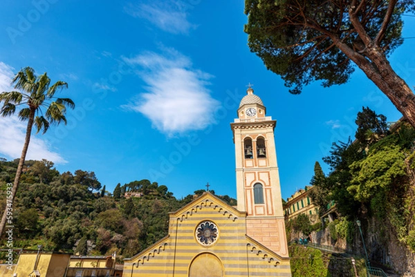 Fototapeta Portofino. Divo Martino Church in Lombard Romanesque style, XII century, Martin of Tours, religious saint. Tourist resort in Genoa Province, Liguria, Italy, Europe.