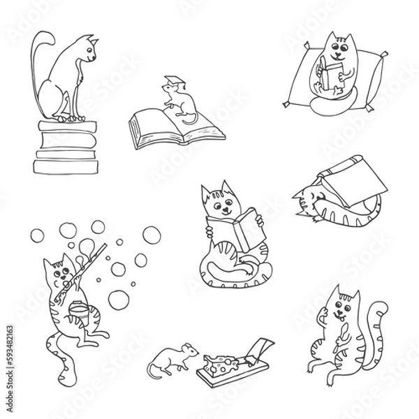 Fototapeta vector illustration of set with funny cats. Hand drawn black and white cats