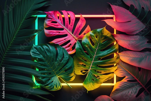 Fototapeta Tropical leaves on neon frame background. Generative ai.