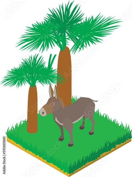 Fototapeta Gray donkey icon isometric vector. Big donkey animal standing in green grass. Fauna, zoo dweller