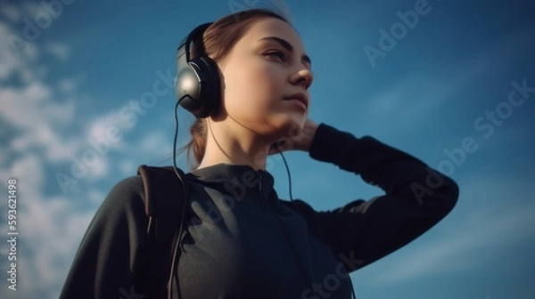 Fototapeta Female Athlete Enjoying Music with Headphones While Exercising Outdoors. Generative AI.