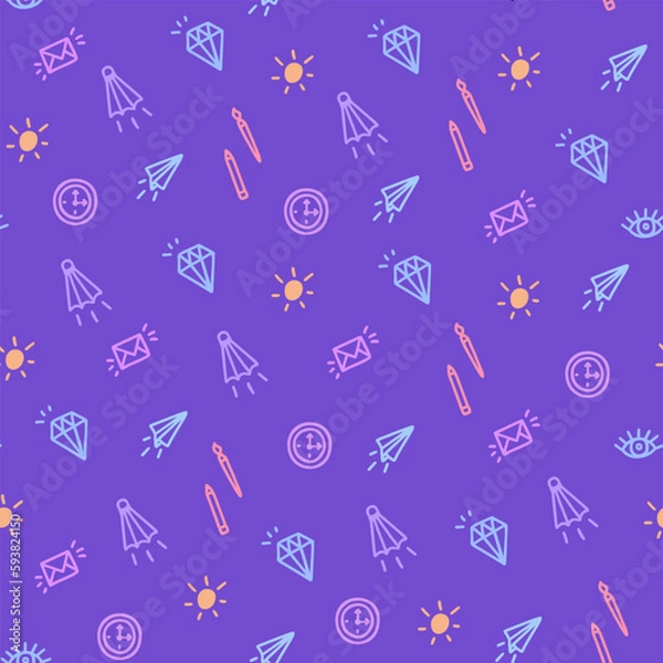 Fototapeta Seamless pattern with doodle elements in purple tones in doodle style.