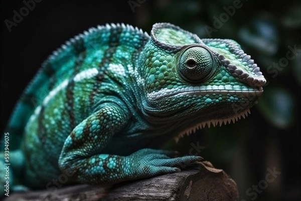 Fototapeta Close up portrait of green chameleon. AI generated.