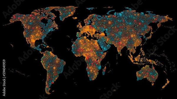 Obraz 3d Pixel world map on black background. Generative Ai