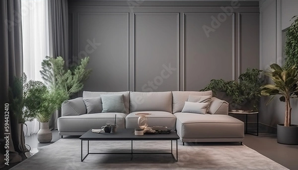 Fototapeta Modern interior design, in a spacious room, next to a table with flowers against a gray wall. Bright, spacious room with a comfortable sofa, plants and elegant accessories., generative ai 