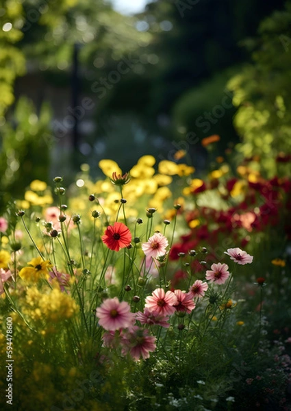 Fototapeta A serene field of wildflowers gently sways in the breeze, featuring a vibrant mix of cosmos flowers in pink, white, and maroon hues