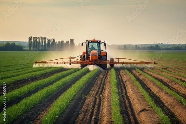 Fototapeta A plantation field with Glyphosate irrigation, chemical products in agriculture. Pesticides on plantantion field at sunset. Generative AI Technology.