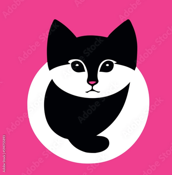 Fototapeta Domestic cat posed on a bright pink background, with a white circle outlining the subject