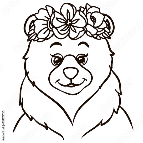 Obraz Cartoon grizzly bear in floral crown. Cute baby animal nursery print.