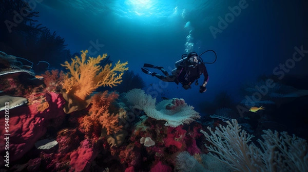 Fototapeta Diver exploring a vibrant coral reef underwater with the sun above and clear blue water, Generative AI