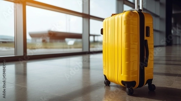 Fototapeta Traveler yellow suitcase at the airport before departure, world tourism day concept, Generative AI