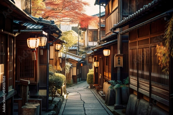 Fototapeta A Kyoto Street with Traditional Wooden Houses and Lanterns by Night - generative AI