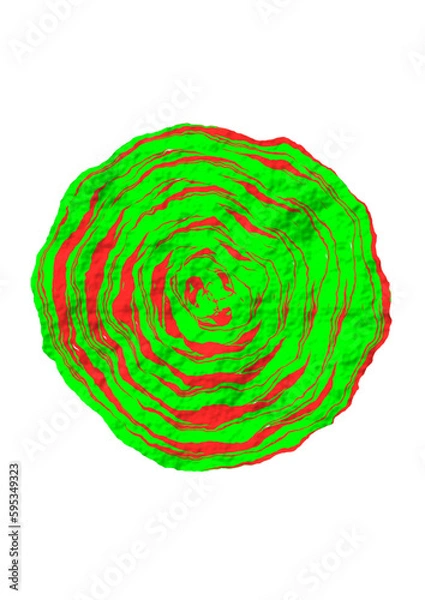 Fototapeta gewellt verformte kreisfläche gefüllt mit roten und grünen linien und spitz zulaufenden flächen, modern art, 3d