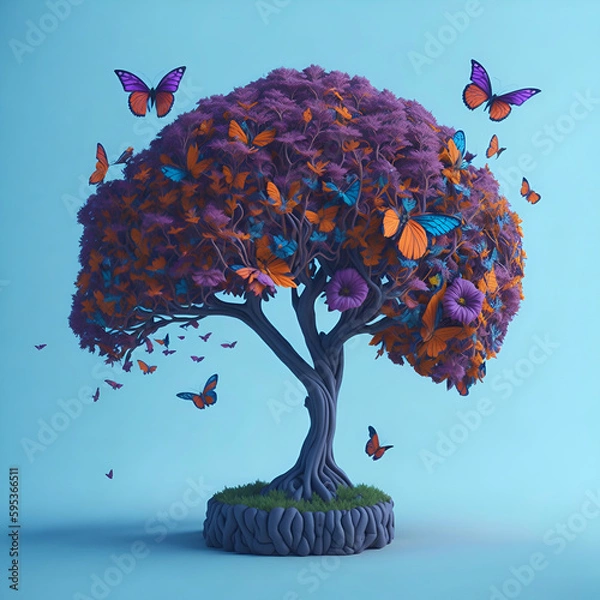 Fototapeta Human brain tree with flowers and butterflies, creative mind, wellbeing, self care, mental health, positive thinking, generative AI