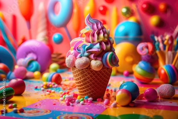 Fototapeta Ice cream with cone in candy land. Generative AI