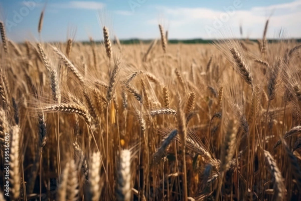 Fototapeta Wheat field in summer. Wheat ear close up, blur rye field  and blue sky background. Generative AI