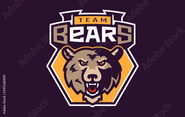 Fototapeta Sports logo with bear mascot. Colorful sport emblem with bear, grizzly mascot and bold font on shield background. Logo for esport team, athletic club, college team. Isolated vector illustration