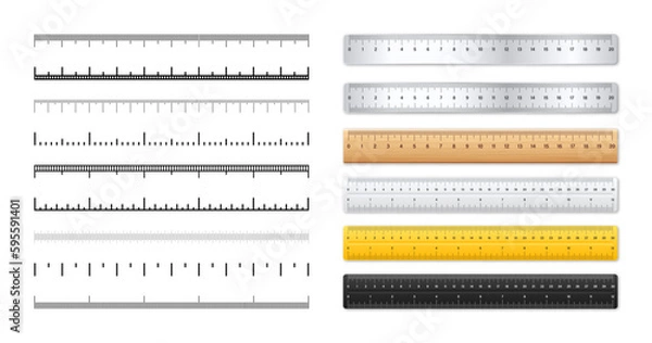 Fototapeta Realistic metal and plastic rulers. Measurement scales with divisions. Scale for measuring length or height in centimeters, inches. Ruler, tape measure marks, size indicators. Vector illustration