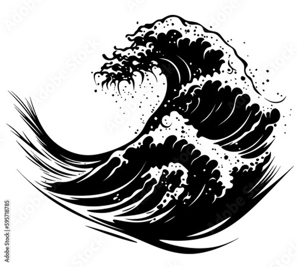 Fototapeta Black and white drawn wave. Storm in the ocean. Covers with a wave. Black wave on the sea. Sea element.