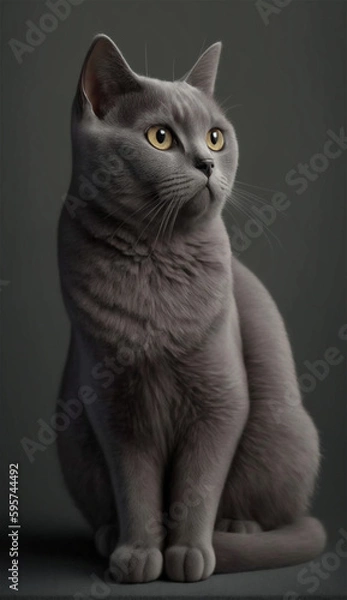 Fototapeta Russian Blue cat, sitting pose, in the black background studio with Generative AI technology