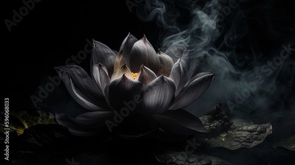 Fototapeta Lotus flower with smoke on black background, clipping path included.generative ai