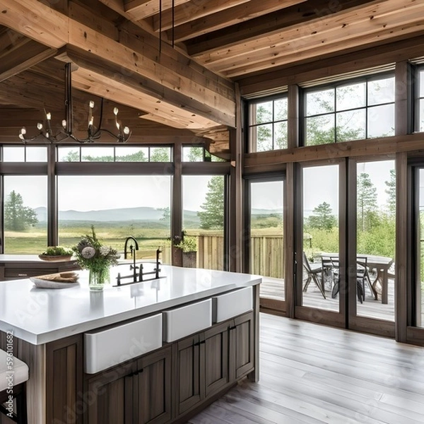 Fototapeta 19 A rustic, farmhouse-inspired kitchen with a mix of wooden and white finishes, a classic farmhouse sink, and a mix of natural textures2, Generative AI