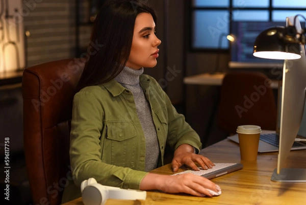 Fototapeta Young female programmer working in office