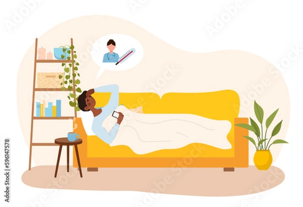 Fototapeta Sick man calling ambulance. Young guy with smartphone lies on bed under blanket and holds his head. Character with illness, high fever and sore throat, cold or covid. Cartoon flat vector illustration