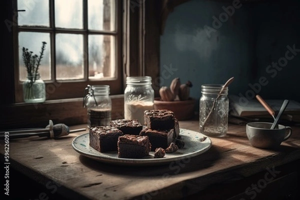 Fototapeta Plate with brownies, jar of chocolate milk on counter, window in background. Generative AI