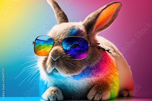 Fototapeta Cool bunny with sunglasses on colorful background, perfect wallpaper concept, created with Generative AI