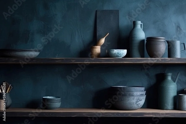 Fototapeta shelf filled with colorful ceramic vases and bowls. Generative AI