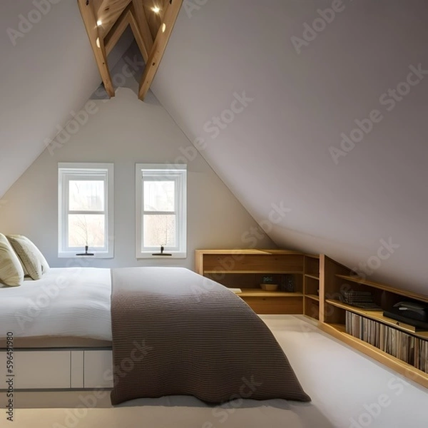 Fototapeta 17 A cozy attic bedroom with sloped ceilings, built-in storage, and a cozy reading nook2, Generative AI