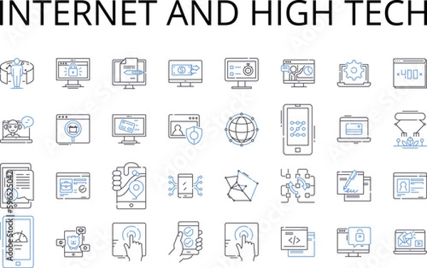 Fototapeta Internet and high tech line icons collection. Cyberspace, World Wide Web, Digital age, Data-driven, Online, Information technology, Virtual reality vector and linear illustration. Generative AI