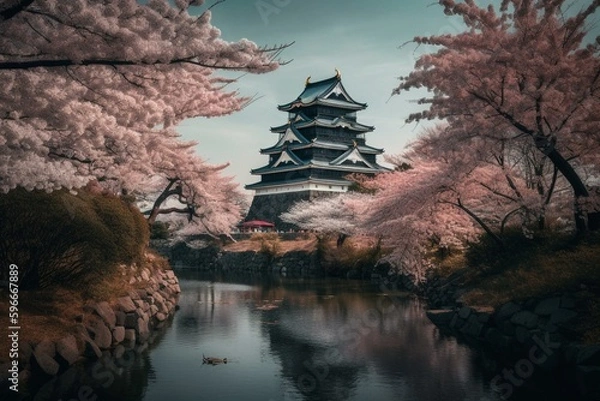 Fototapeta Pink cherry blossom trees frame the Hirosaki Castle in Japan's Aomori prefecture. Generative AI