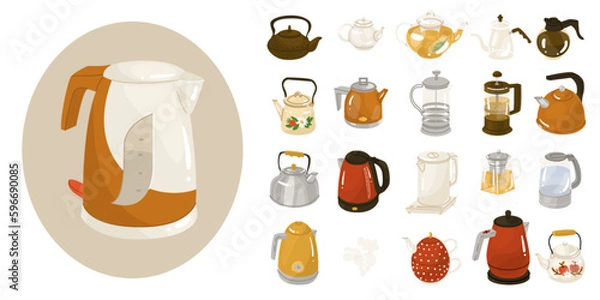 Fototapeta Set of 20 kettles, teapots and coffee pots. A device for boiling water and keeping beverages warm. Vector illustration. Isolated object on white background.