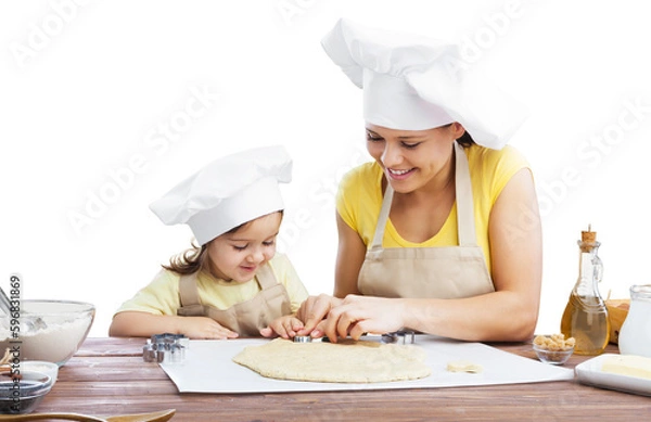 Fototapeta Happy loving family prepares bakery together.