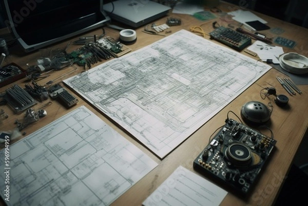 Fototapeta Overlapping tech drawing on work table. Global data analysis. Top view. Generative AI