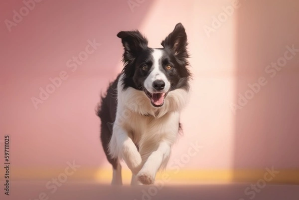 Fototapeta Full-length portrait photography of a happy border collie running against a pastel or soft colors background. With generative AI technology