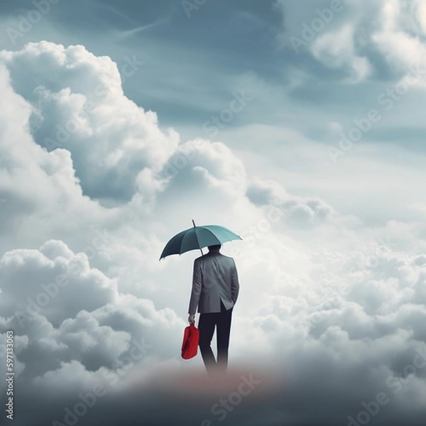 Fototapeta A man walking on a cloud with umbrella. 