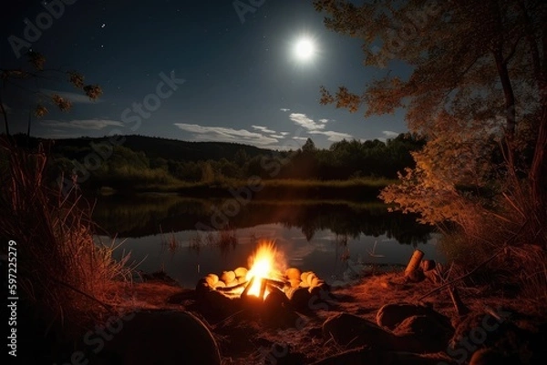 Fototapeta campfire, with marshmallows roasting and the moon shining down on a serene scene, created with generative ai